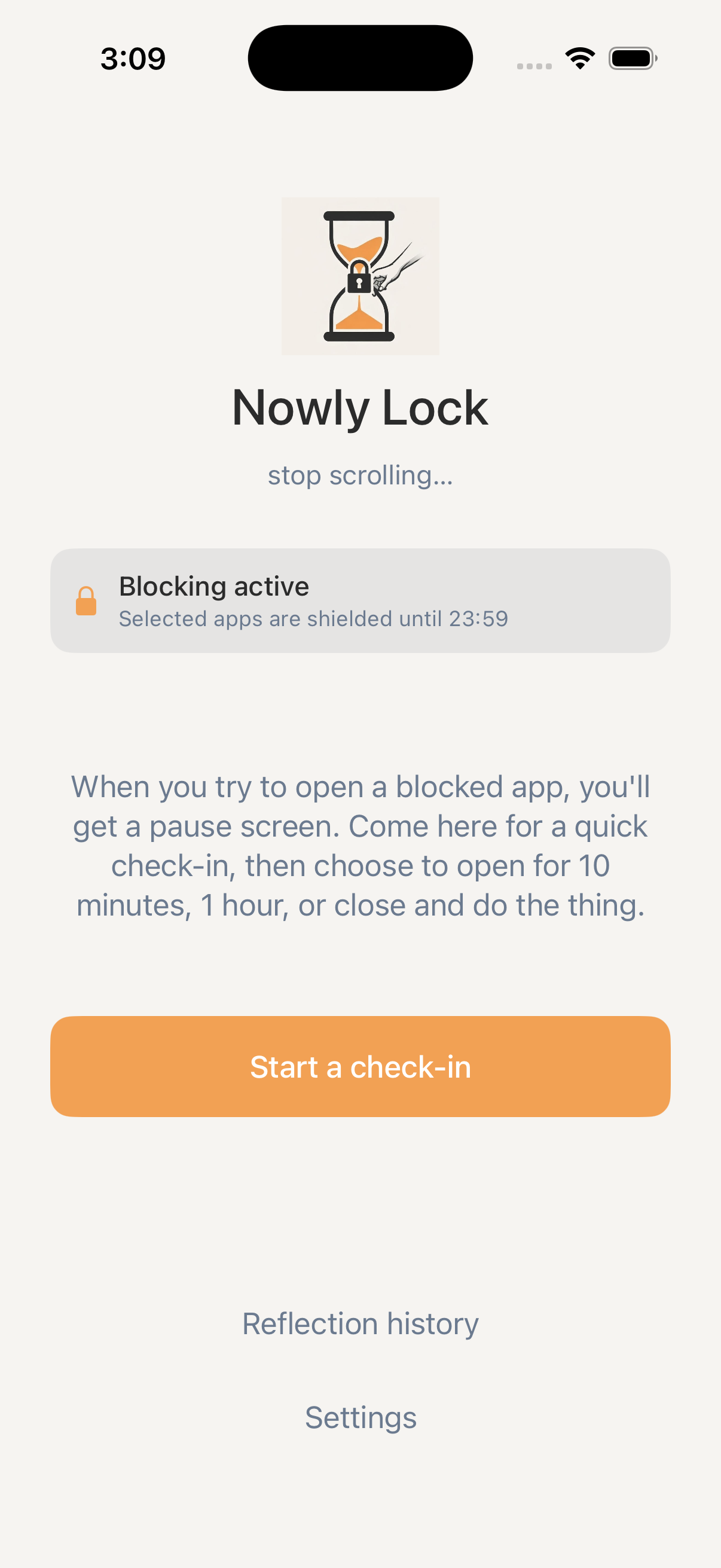 Nowly Lock home screen with blocking status